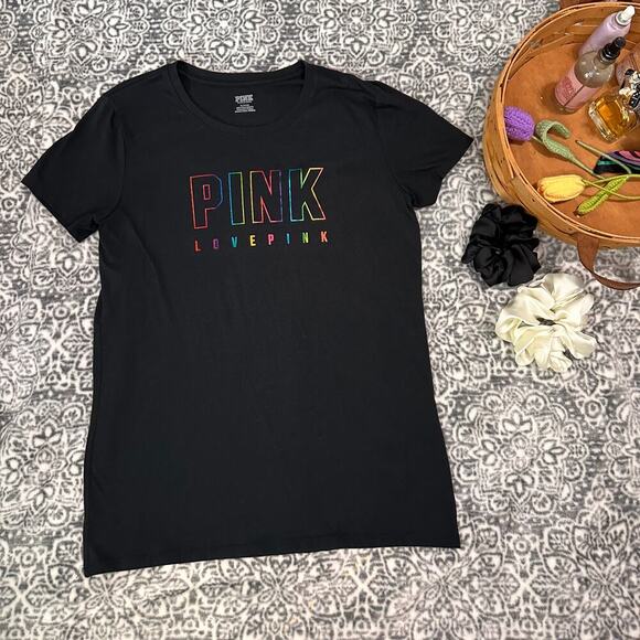 Victoria's Secret "Pink" Logo Rainbow Crew Neck Short Sleeve Medium - Picture 1 of 5